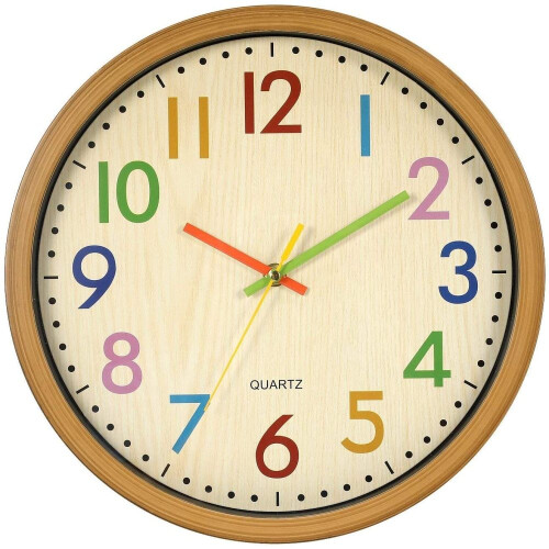 Relógio de ensino das horas para crianças, 32 cm (12,5 polegadas), funciona a bateria, mecanismo de quartzo, silencioso, sem tique-taque.