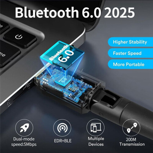 USB Bluetooth6.0 Adapter 200M USB Dongle Wireless Music Audio Receiver Transmitter BLE/EDR for PC Mouse Keyboard 1