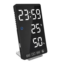 LED Mirror Alarm Clock with Touch Screen Display, Hygrometer Thermometer Indoor Temperature Humidity Monitor, Modern Digital Clock with USB Charging M