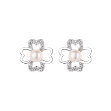 S925 Freshwater Pearl Clover Earrings, Micro-Pave Stud Earrings for Women