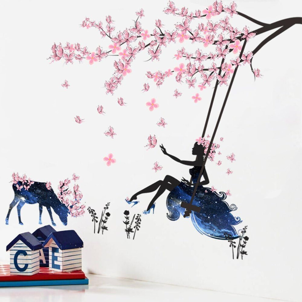 Waterproof Removable Wall Decals, Flowers Tree Wall Stickers & Moose Silhouette, Ideal Gift For Personalized Room Decoration On Smooth Surface Pink