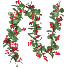 Artificial Garland For Christmas Decoration, Long Length With Red Berries, Durable Plastic For Winter Holiday, Flexible Shaping, Indoor Outdoor Use