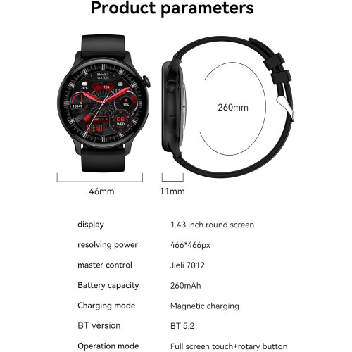 HK85 Smart Watch 1.43Inch AMOLED Display, Bluetooth 5.2, IP68, 260mAh, Android iOS Compatible, Silver 1