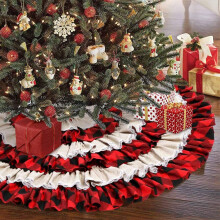 Jupe de sapin de Noël à carreaux rouges et noirs, style champêtre, assortie à un volant en toile de jute naturelle, en tissu de haute qualité et