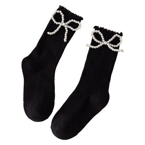 Mädchen-Mid-Calf-Socken mit Perlen-Bogen, Baumwolle, Schwarz, Größe L, 16-19cm 1