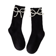 Mädchen-Mid-Calf-Socken mit Perlen-Bogen, Baumwolle, Schwarz, Größe L, 16-19cm