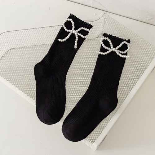 Mädchen-Mid-Calf-Socken mit Perlen-Bogen, Baumwolle, Schwarz, Größe L, 16-19cm 2