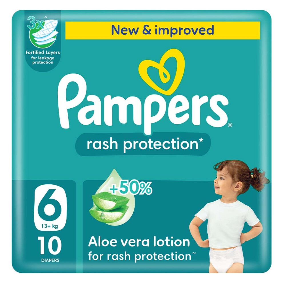 Pampers Rash Protection Baby Diapers Size 6 (13+kg), Soft & Breathable, 10 Count