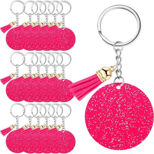 Chaveiro AcríLico em Branco com Chaveiro 1,97 Polegadas Glitter AcríLico em Branco DIY Chaveiro Borla Rosa Vermelha