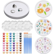 1 Zestaw Ceramiki do Malowania Okrągłej Tacy na Biżuterię, Gotowy do Pomalowania Ceramicznego Pojemnika na Pierścionki DIY z Paletą Pędzli dla