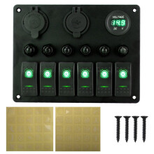 Painel de Interruptores Universal para Carro RV com 6 Interruptores 12/24 V, Painel Oscilante, Voltímetro, Carregador USB, Testador de Disjuntor, Luz