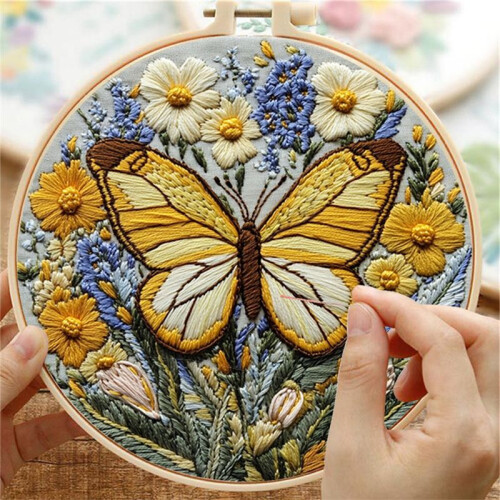 Butterfly Flower Embroidery Practice Kit, Beginners Embroidery Kit Include Embroidery Cloth Threads for  Lover 1