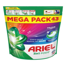 Ariel 3 in 1 Fast Dissolving Stain & Odour Removal Pods for Colours - 43 Washes