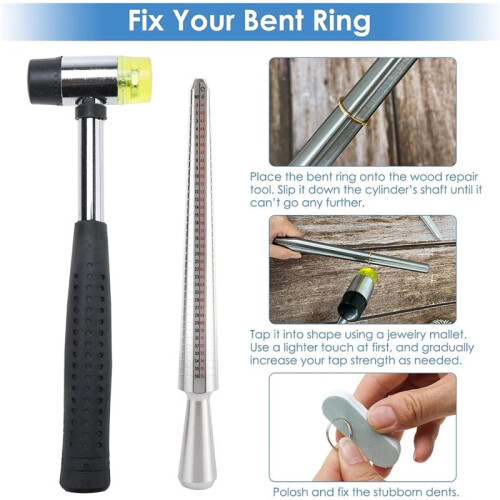 Ring Sizer Measuring Tool Set, 12 Pcs Ring Mandrel, Ring Sizer, Rubber Hammer, Plastic Ring Sizer Gauge, Wood Ring Clamp 2