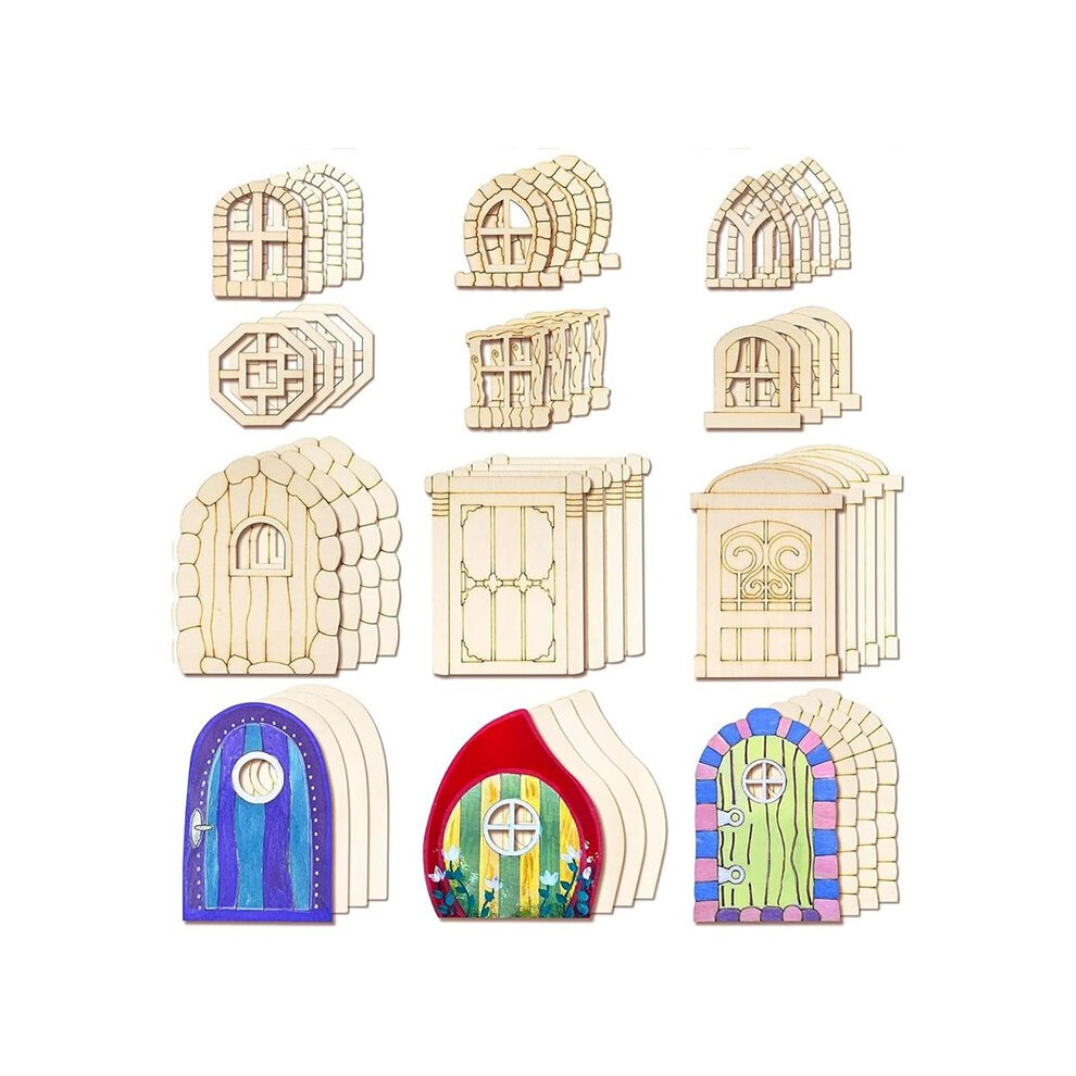 48 Pcs Fairy Door & Window Kit - Wooden Garden Doors, Unpainted Miniature Accessories For Home Party Event Decor 4712294068692