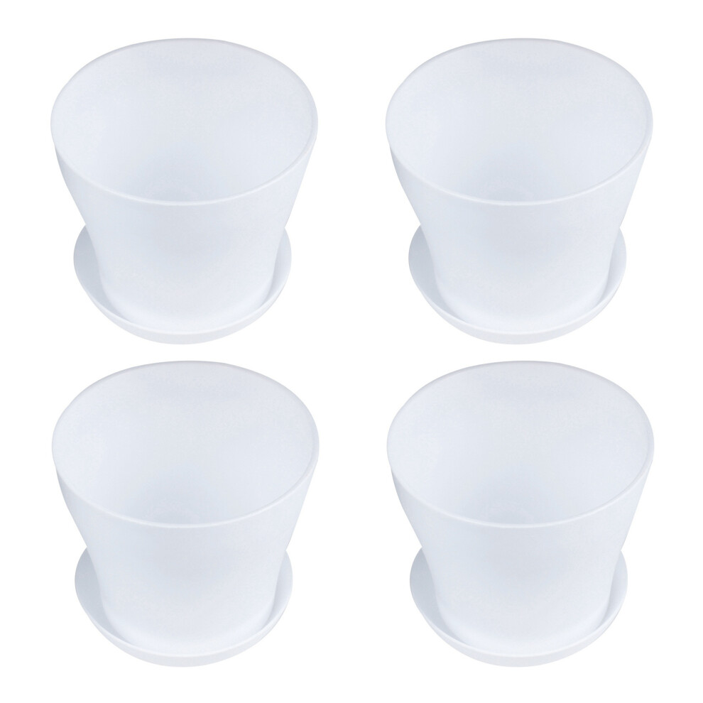 4X Plastic Plant Flower Pot Planter with Saucer Tray Round Gloss Home Garden Decor, White Upper Caliber - 14cm/5.51inch