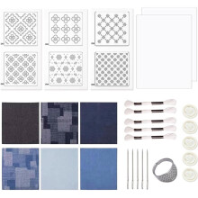 SashikoKit per Principianti, Filo, Modelli Idrosolubili e Tessuto Denim, per Forniture per Cucito e Quilting A Mano
