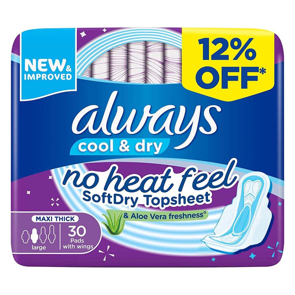 Always Cool & Dry No Heat Feel Maxi Thick Large Sanitary Pads With Wings, - Pack of 30'S