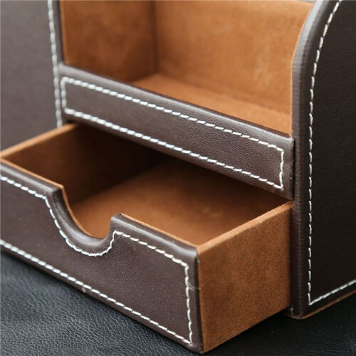 2Pcs PU Leather Multi-Function Desk Stationery Organizer Storage Box Pen/Pencil,Cell Phone(Brown-Flannel) 2