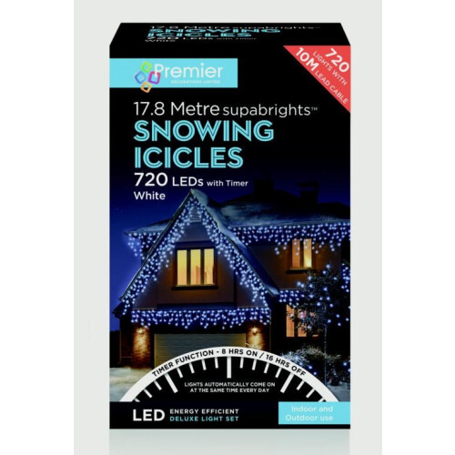 Premier 17.8m (720 LED) Premier Outdoor LED Icicle Christmas TIMER Lights - Cool White