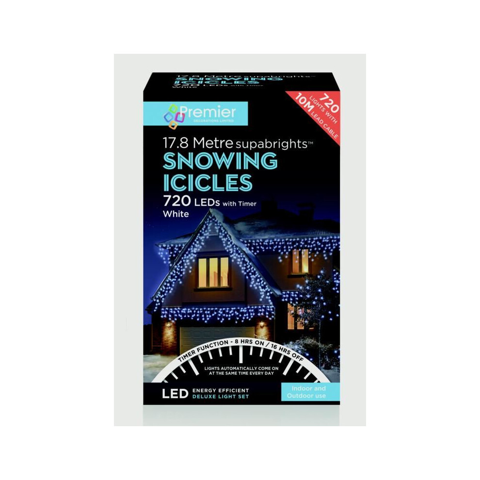 Premier 17.8M (720 Led) Outdoor Led Icicle Christmas Timer Lights - Cool White