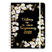 Diary 2025,January 2025 - December 2025,21.5 x 15.5 cm, Twin-Wire Binding, Built-in Pocket,Hard Cover, Black Golden Flower, Golden Leaf