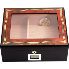 Cigar Humidor Ebony Glass Box With Hygrometer Cedar Divider Humidity Packets Holder Holds 50 Cigars