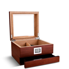 Cigar Humidor Portable Cedar Wood Sealed See Through Glass Case External Thermometer Model B