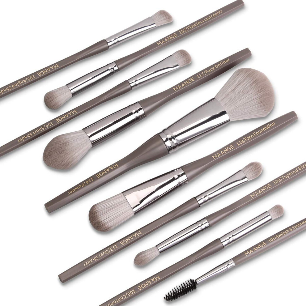 Makeup Brushes Set, Birch Wood Handle, Eye Makeup Brushes, Non-shed, Portable, Gray, 10Pcs