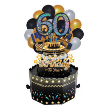Glittery 3D Pop Up Card for 60th Birthday, Iridescent Happy Birthday Greeting Card with Envelope and Personalized Note, Black And Gold 3D Cake Design