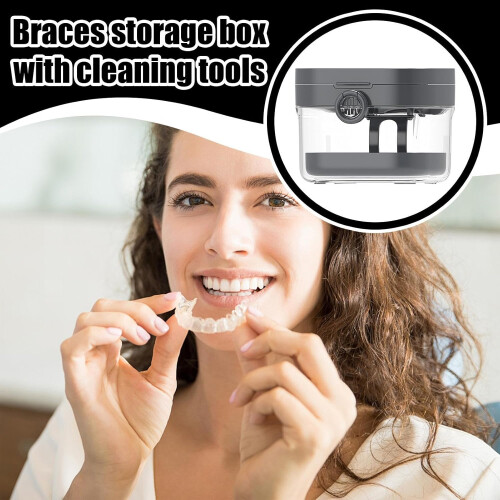 Denture Soaking Case with Builtin Mirror for Deep Cleaning and Travel Storage Box Grey 1