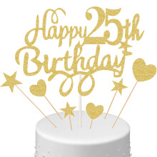 Topo de Bolo Personalizado de Feliz Aniversário, Topo de Bolo de Feliz Aniversário com Glitter, Topo de Bolo para Aniversário de 25 Anos, Festa de