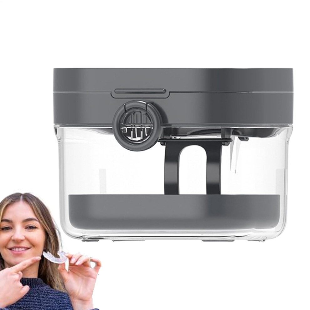 Gray Denture Cleaning Case With Builtin Mirror And Compartments For Retainer Night Guard Travel