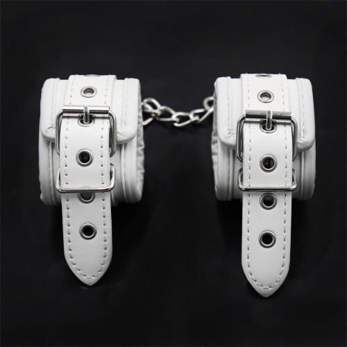 White Leather Adjustable Bondage Handcuffs with Soft PU Padding for Couple Play