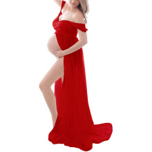 Maxi Maternity Gown for Photography, Split Front Maxi Photography Dresses with Sheer Chiffon Layered Open Bottom, Cinching Under the Bust Hi Low