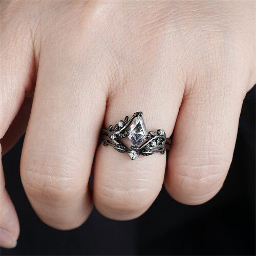 2Pcs/Set Unique Black Polygon Zircon Ring Fashion Statement-10 2