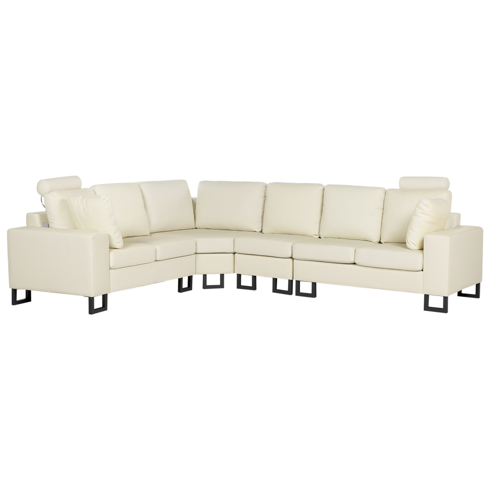 Beliani Corner Sofa 6 Seater Stockholm Leather Light Beige Right Hand Cream