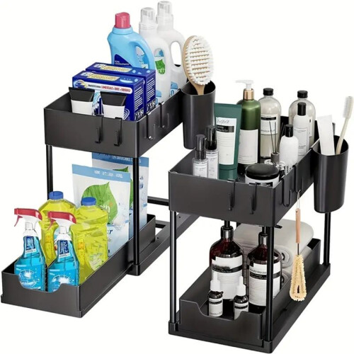 Organizer Rack, Sliding Cabinet Basket Drawer, Multi-Purpose Storage for Kitchen, Bathroom - Black