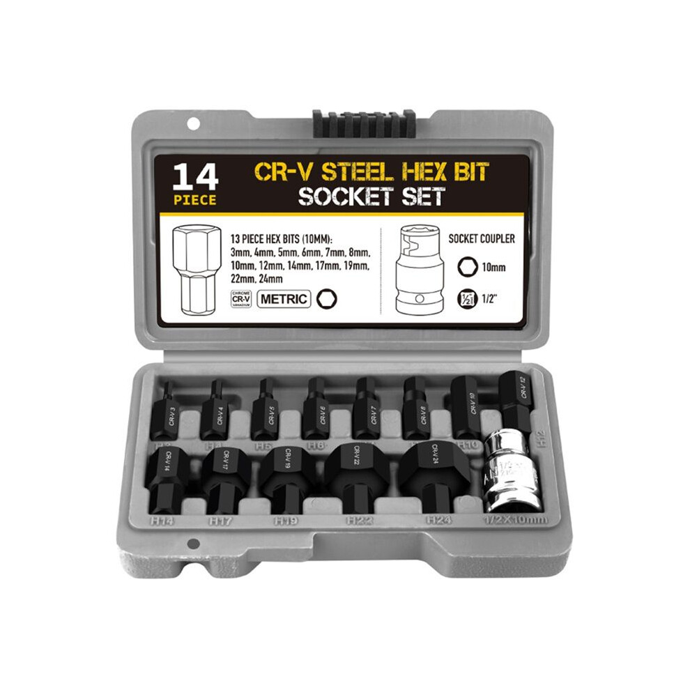 14Pcs Hex Bit Socket Set 3-24Mm Key Hex Wrench Tool For Ratchet 1/2 Inch Drive Screw Driver 6033845210444