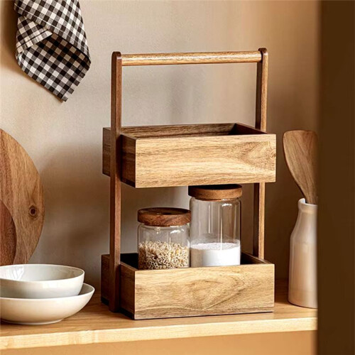 Solid Wood Storage Box Double-Layer Home Decor Rack Living Room Snack Box Kitchen Fruit Vegetable Storage Tray