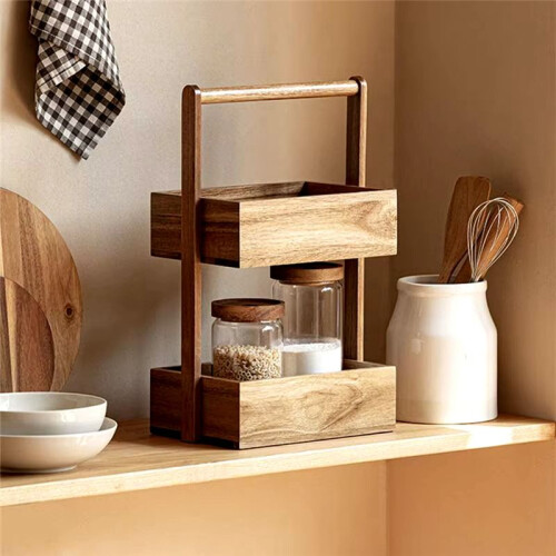 Solid Wood Storage Box Double-Layer Home Decor Rack Living Room Snack Box Kitchen Fruit Vegetable Storage Tray 2