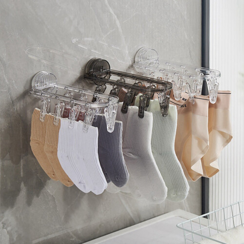 1PC Bathroom Suction Cup Drying Rack Folding Socks Drying Rack Household Clothes Rack Multi Clip Drying Socks Artifact,A 1