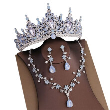 Barock Bröllopskrona för Brud 3-Pack Tiara Örhängen Smyckesset Champagnekristall Födelsedagspresent Silverblå Set