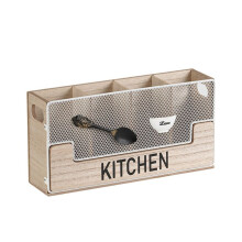 Porte-Ustensiles de Comptoir de Cuisine en MéTal Associé à un Organisateur de Couverts en Bois, 4 Compartiments pour Couverts Spatule, Blanc