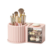 Organizer Porta Pennelli per Trucco con 2 Cassetti, Piano di Lavoro Organizer per Trucco Girevole un 360, Vetrina di Capacità Rosa