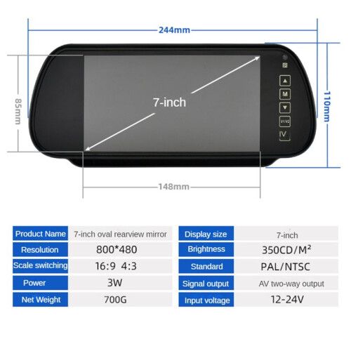 Monitor de Espelho LCD para Carro de 7 Polegadas Tela de Estacionamento Assistente de Exibição Automática para Câmera de Ré com Visão Traseira 1