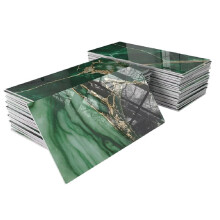 32Pcs Thick PET Glossy Subway Tile Sticker,4in X 8in Peel and Stick Backsplash Wall Tiles,Golden Veined Emerald Marble