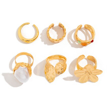 Trendy Flower Rings Pearls Stacking Set Adjustable for Women-A