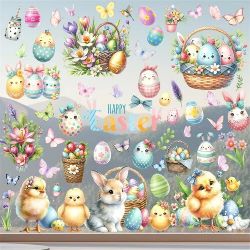 1Set Happy Easter Window Stickers Cute CartoonRabbit Easter Eggs Flowers Glass Sticker Easter Decoration 1