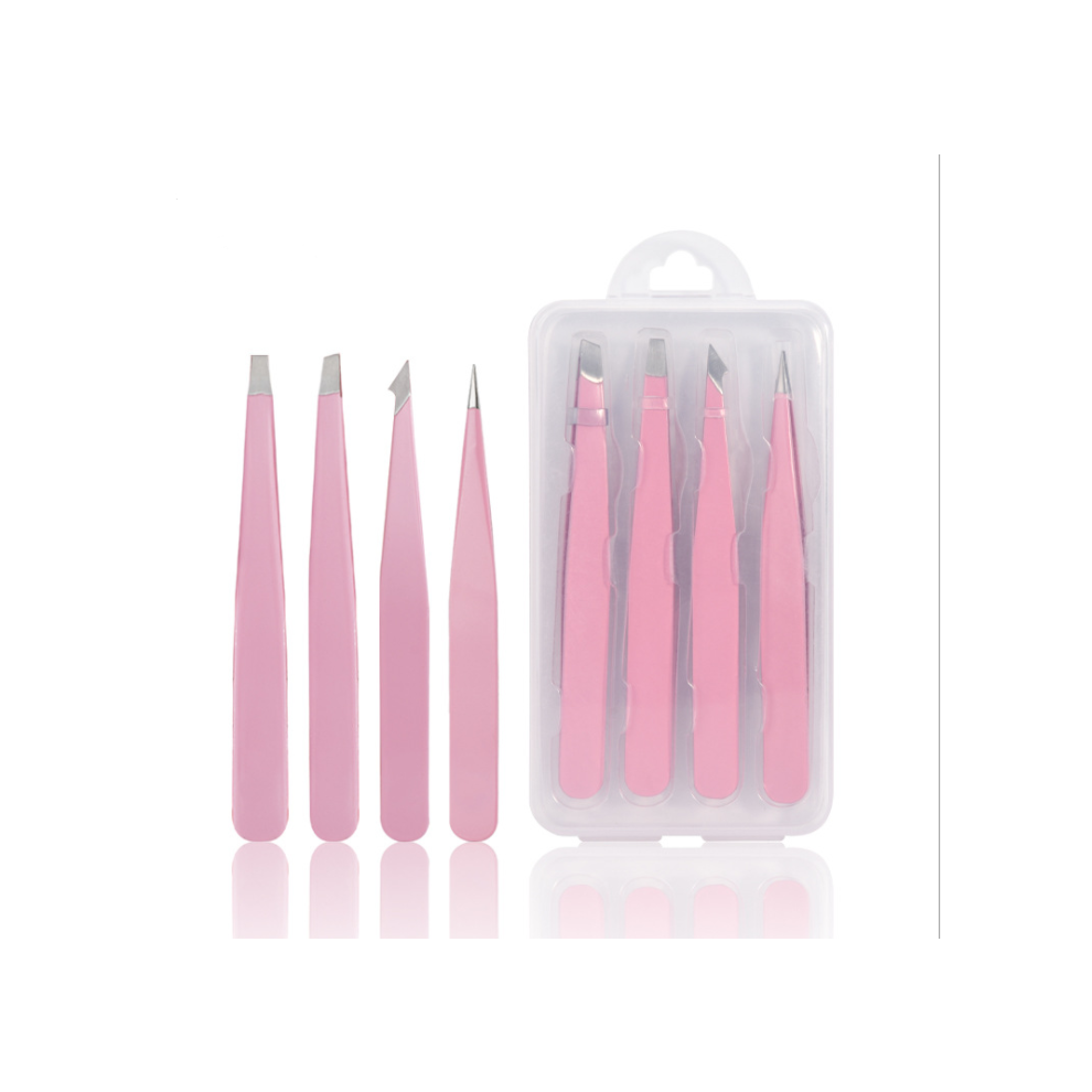 Professional Eyelash Extension Tweezers Set, High Precision Tips For Volume Lash Isolation, 4-Piece Stainless Steel Construction, PINK